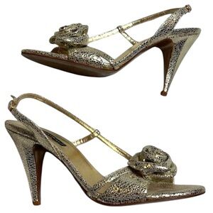 Claudia Ciuti Gold Metallic Leather Floral Slingback Stiletto Heels 7M Italy